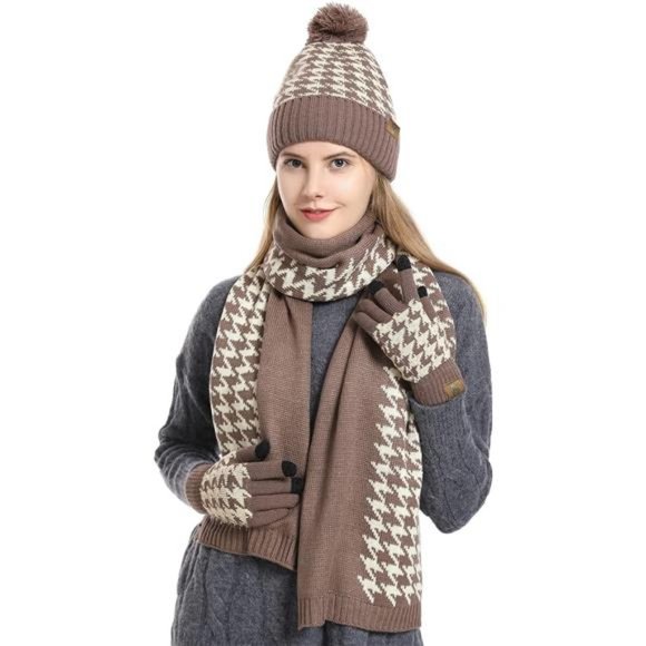 Women's Winter Beanie Hat Scarf and Gloves Set with Fleece Lined Khaki